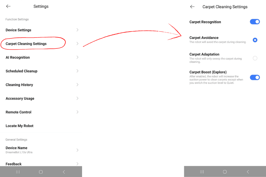 Carpet cleaning settings are set in the Dreame L10s Ultra app.